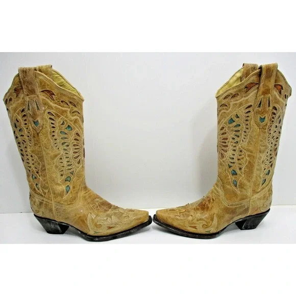 Corral Crackle Butterfly inlay Western Boots R2477 - turquoise tan 8 M snip toe
